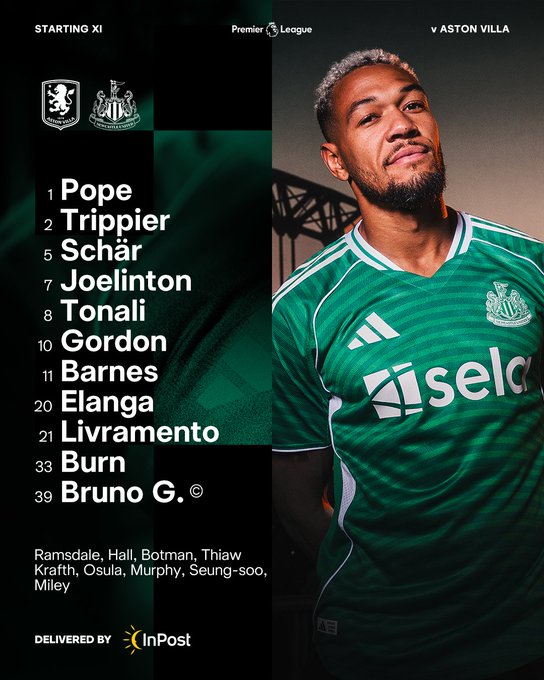 维拉vs纽卡首发：沃特金斯、埃兰加领衔，伊萨克、大马丁缺席